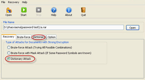 dictionary attack find rar password